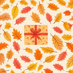 Vibrant Autumn Leaf Gift Wrap Pattern with Plain Background Suitable for Festive Thanksgiving and Holiday Greeting Card Designs