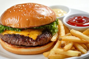 Juicy Cheeseburger with Crispy French Fries and Condiments