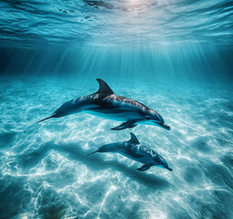 Naklejka premium Wild dolphins jumping in the waves of the open ocean, close up. 