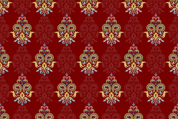 Ikat paisley embroidery on the fabric in Indonesia,India and asian countries, background, curtain, carpet, wallpaper, clothing, wrapping, Batik, vector illustration.