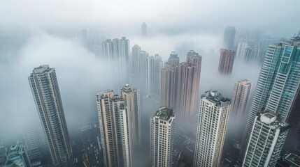 Obraz premium Foggy Skyscrapers: A Misty Urban Landscape