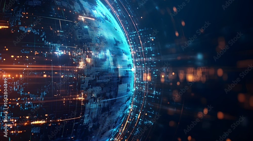 Poster rotating 3d globe with glowing digital elements and dark blue backdrop for news or tech background
