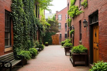 Fototapeta premium A serene alleyway with brick buildings, ivy, and wooden doors, creating a peaceful atmosphere.