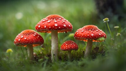 Surreal Double Exposure - Three Fly Agarics in a Meadow
