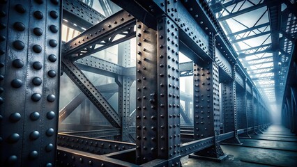 Obraz premium Iron structures made of dark metal with rivets in the haze