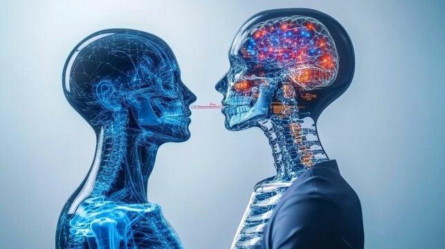 Digital Human Connection   Abstract X ray Art of Two Individuals with Visible Brain and Sp