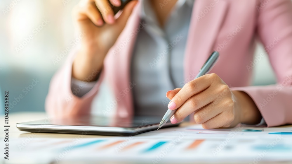Poster a business professional analyzes data using a tablet and charts, showcasing productivity and organiz