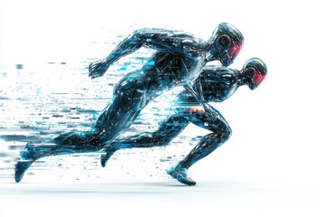 Two futuristic robotic runners in a dynamic motion, showcasing speed and technology in a high-energy digital environment.