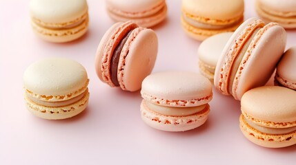 Fototapeta premium Artfully Arranged French Macarons on Pastel Backdrop with Ample Copy Space