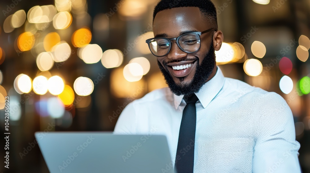 Poster a smiling man with glasses works on a laptop in a vibrant setting filled with warm bokeh lights, con