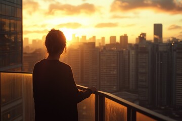 Fototapeta premium Woman Watching Sunset Over City Skyline