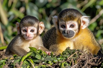 Obraz premium Two playful monkeys resting on foliage, showcasing their expressive faces and vibrant fur.