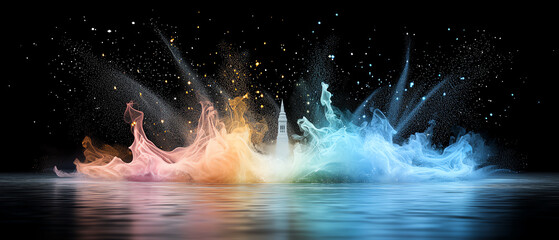 A stunning display of colorful splashes and vibrant hues mimicking a fireworks finale over a tranquil water surface