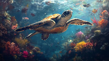Naklejka premium Graceful Turtle Swimming Through Vibrant Coral Reef