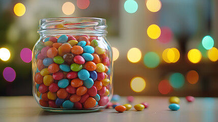 close up of glass jar filled with colorful candies, creating vibrant and cheerful atmosphere. blurred background adds festive touch, enhancing visual appeal