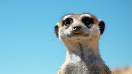 close up of meerkat standing alert against clear blue sky, showcasing its curious expression and distinctive features. This charming animal embodies sense of vigilance and curiosity