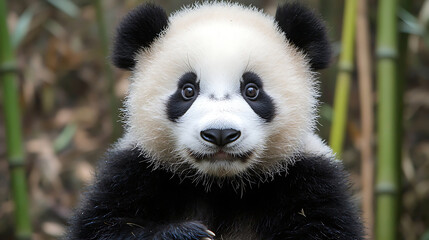 Obraz premium close up of panda showcasing its fluffy black and white fur, with curious expression. panda is surrounded by bamboo, highlighting its natural habitat and playful demeanor