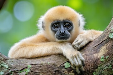 Fototapeta premium A close-up of a gibbon resting on a tree branch, showcasing its expressive face and fur.