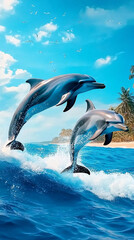 Fototapeta premium Wild dolphins jumping in the waves of the open ocean, close up. 