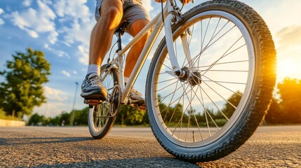 Obraz premium Close up of Bicycle Wheel with Rider on Road at Sunset