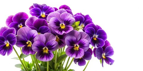 Isolated bouquet of purple pansy flowers on white background in Forced Perspective