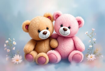 Fototapeta premium Two cute cartoon teddy bears lovers. Watercolor illustration, Valentine's Day card, poster, icon. illustration. 