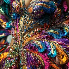 Obraz premium A close-up of a samba dancer's intricate costume, featuring brightly colored feathers,