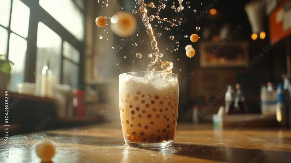 Poster bouncing bubbles in a refreshing drink splash