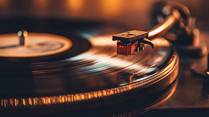 detailed view of classic vinyl record spinning on turntable, showcasing intricate grooves and stylus in motion. warm lighting creates nostalgic atmosphere