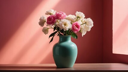 Fototapeta premium White Flowers Vase Shadow Pink Wall Still Life Photography