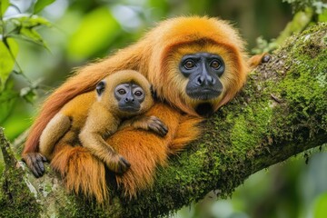 Obraz premium A mother and baby monkey resting on a mossy branch in a lush forest.