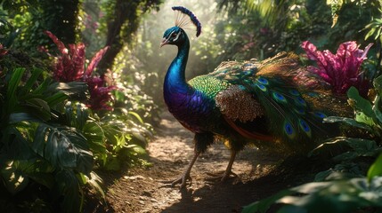 Fototapeta premium A vibrant peacock stands amidst lush greenery and colorful plants in a sunlit forest.