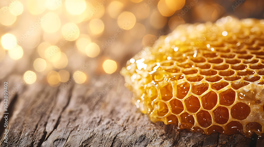 Poster macro image of honeycomb filled with golden honey, showcasing its intricate structure and natural be