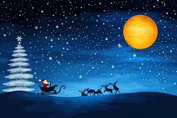 Naklejka premium Starry Sky Christmas Tree with Santa Flying in Sleigh - Vector Illustration in Blue and White with Moonlight Background
