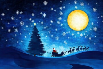 Fototapeta premium Starry Night Santa: Vector Christmas Tree with Reindeer and Sleigh Flying Against Moonlit Sky - High Quality Christmas Card Design in Shades of Blue