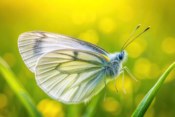 Extreme close-up of a white butterfly on a soft yellow green background in nature