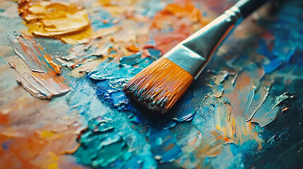Fototapeta premium macro image of vibrant paints on palette, showcasing brush mixing colors. rich textures and hues evoke creativity and artistic expression