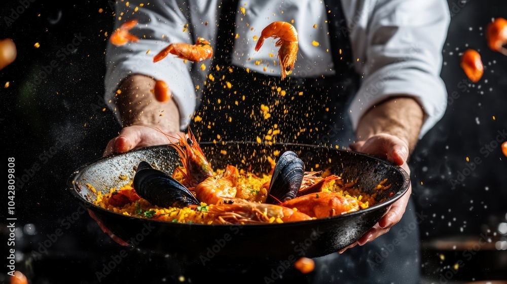 Sticker A chef presents a vibrant seafood dish, showcasing shrimp and mussels amidst flying spices.