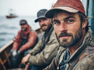 Fototapeta premium Three fishermen in a boat on the ocean, one looking directly at the camera.