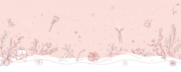 A whimsical illustration featuring delicate flowers, stars, and magical elements on a soft pink background.