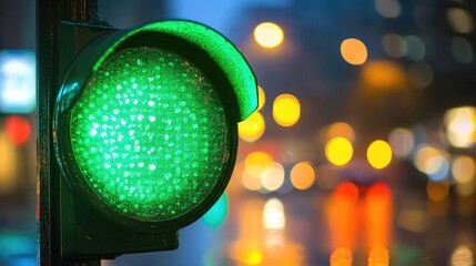 Green Traffic Light with Raindrops in Urban Setting