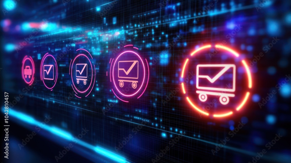 Poster digital icons representing e-commerce processes with a futuristic design.