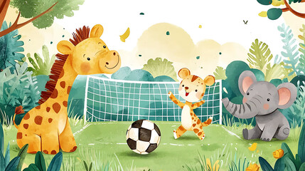 Naklejka premium playful illustration of soccer game featuring giraffe, tiger cub, and elephant in vibrant, green landscape. animals are joyfully engaged in game, creating cheerful atmosphere