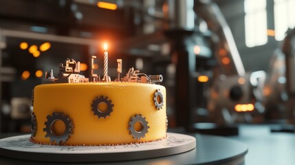 A creative cake featuring industrial elements and gears, set in a modern workshop.
