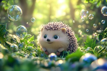 Obraz premium Cute Hedgehog Among Bubbles in a Lush Forest Setting