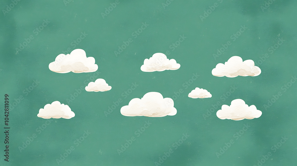 Poster simple illustration of white clouds on green background, evoking sense of calm and tranquility. fluf