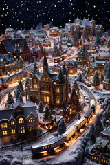 Obraz premium Charming Winter Village Scene Featuring a Train and a Beautiful Snowy Landscape Setting