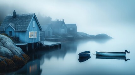 Naklejka premium Misty Morning by the Sea with Wooden Cabins
