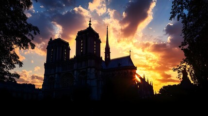 Silhouette of Iconic Notre-Dame Cathedral Against Stunning Sunset Sky in France