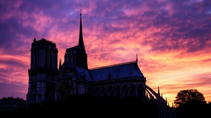 Notre-Dame Cathedral Silhouette Against a Breathtaking Sunset Sky in France